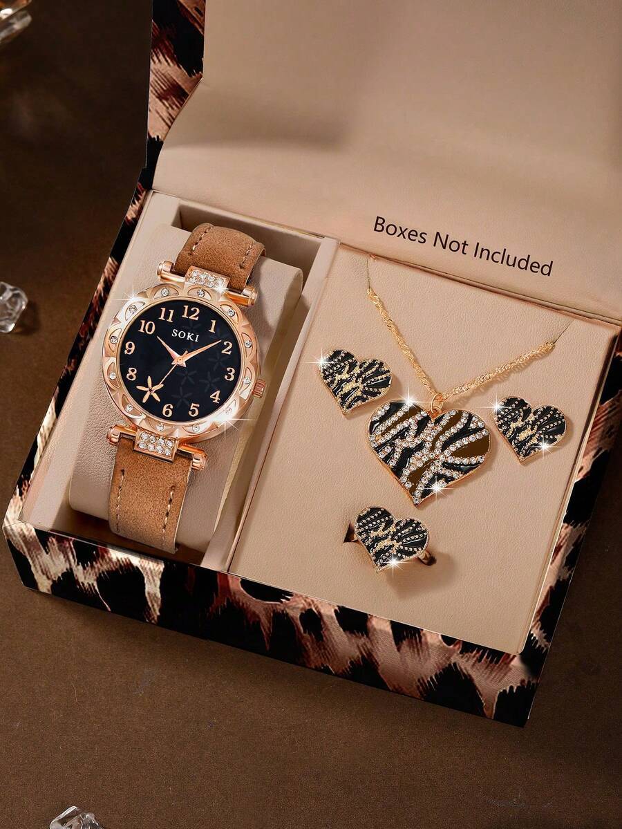 腕時計 レディース セット 女性用腕時計5点セット ブラウンPUストラップ カジュアル クォーツ腕時計とネックレス、ピアス、ブレス拍卖