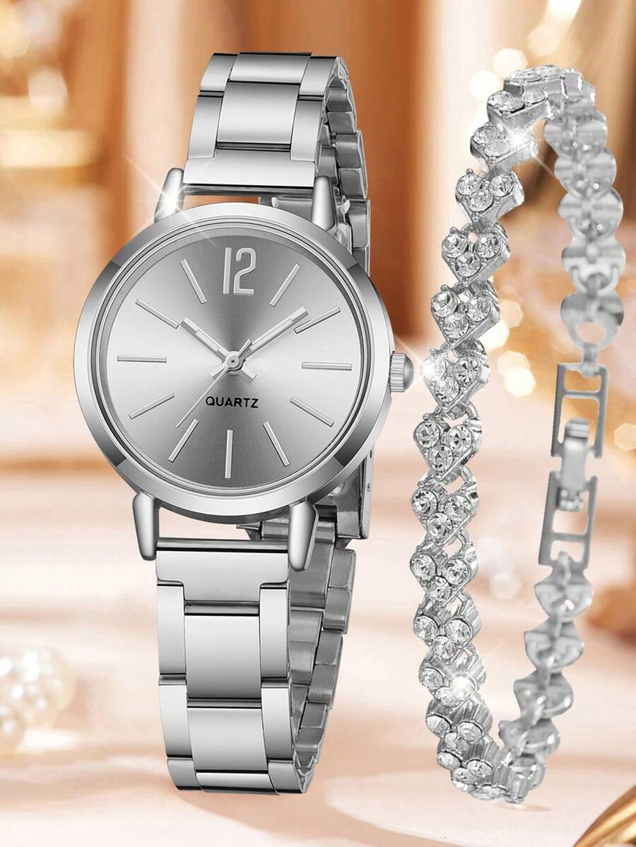 腕時計 レディース セット 2個セット、シルバーメタルバンド、レディース腕時計、スタイリッシュで上品なミニマリストクォーツ腕時計、拍卖