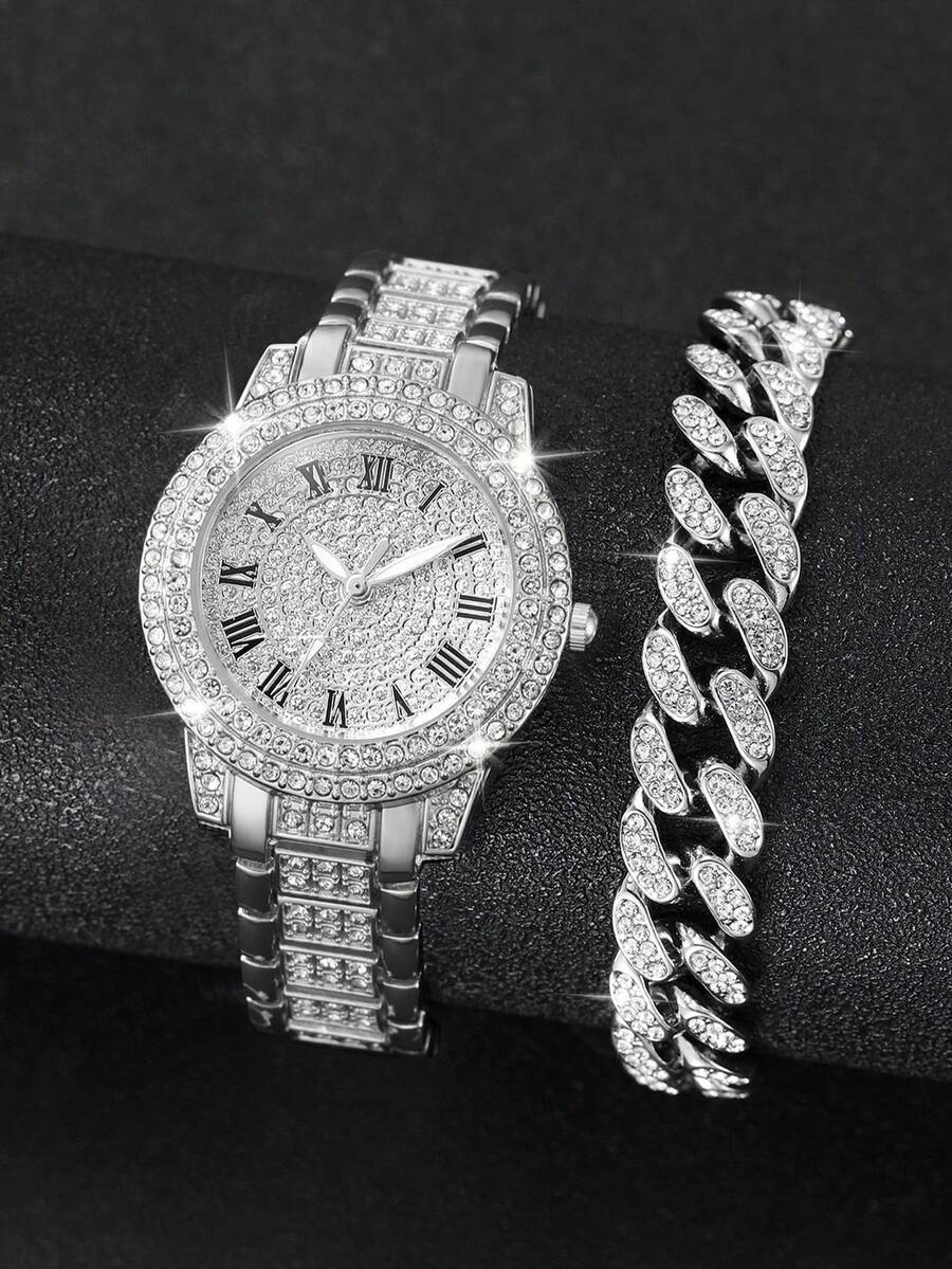 腕時計 レディース セット 2個セット レディースファッションカジュアル ローマ数字ダイヤル クォーツ腕時計 ラインストーン装飾拍卖