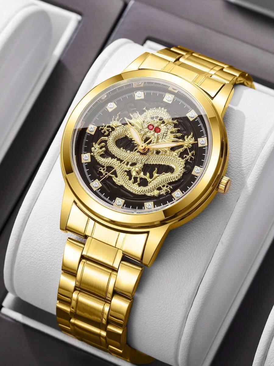 腕時計 メンズ クォーツ 1個 メンズ スチールバンド ドラゴン文字盤 クラシックファッション ラインストーン スケール クォーツ拍卖