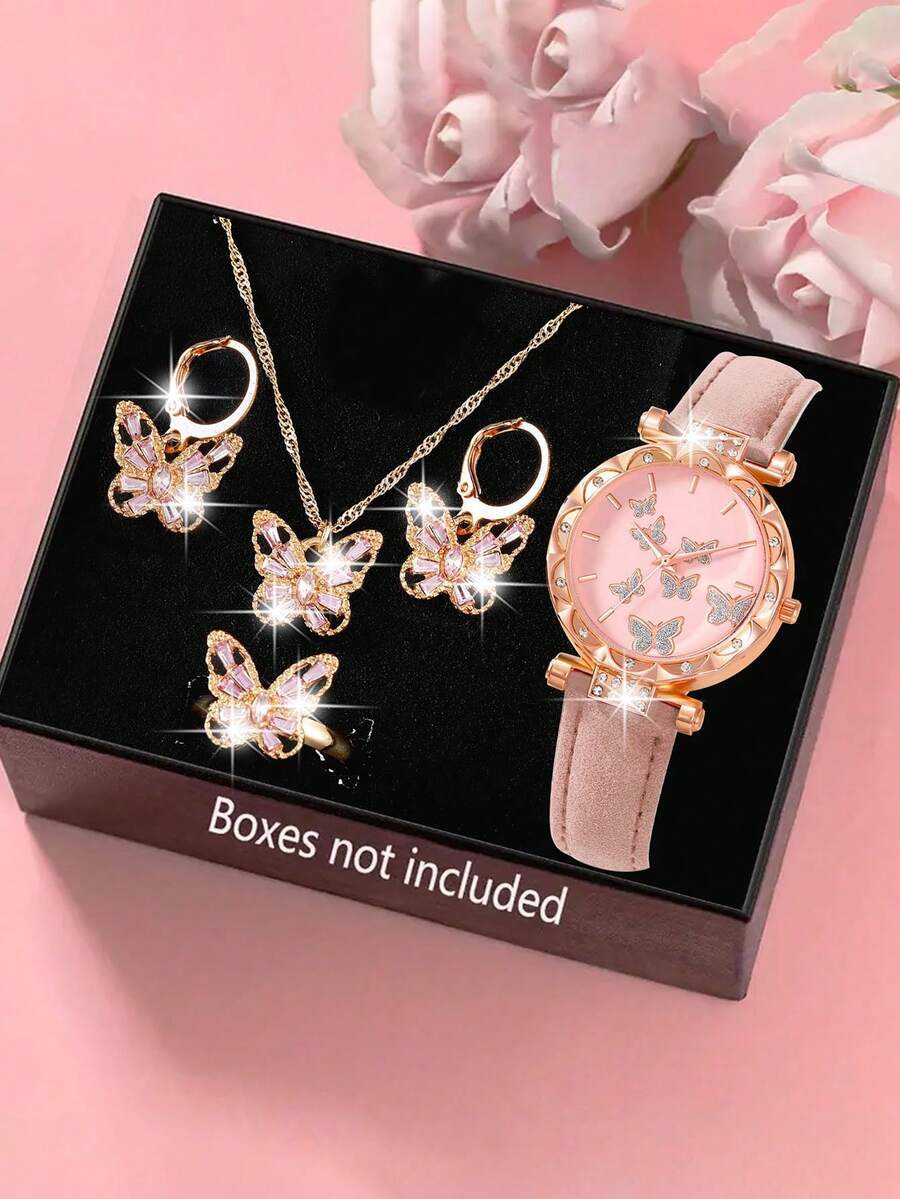 腕時計 レディース セット ファッショナブルなクリスタル オープンワーク ピンクの蝶ペンダントネックレス、イヤリング、リングのジュ拍卖