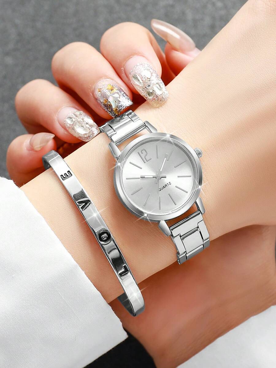 腕時計 レディース セット 女性用カジュアル ミニマリスト 数字スケール 小さな文字盤 エレガントクォーツ腕時計 + ラブブレスレ拍卖