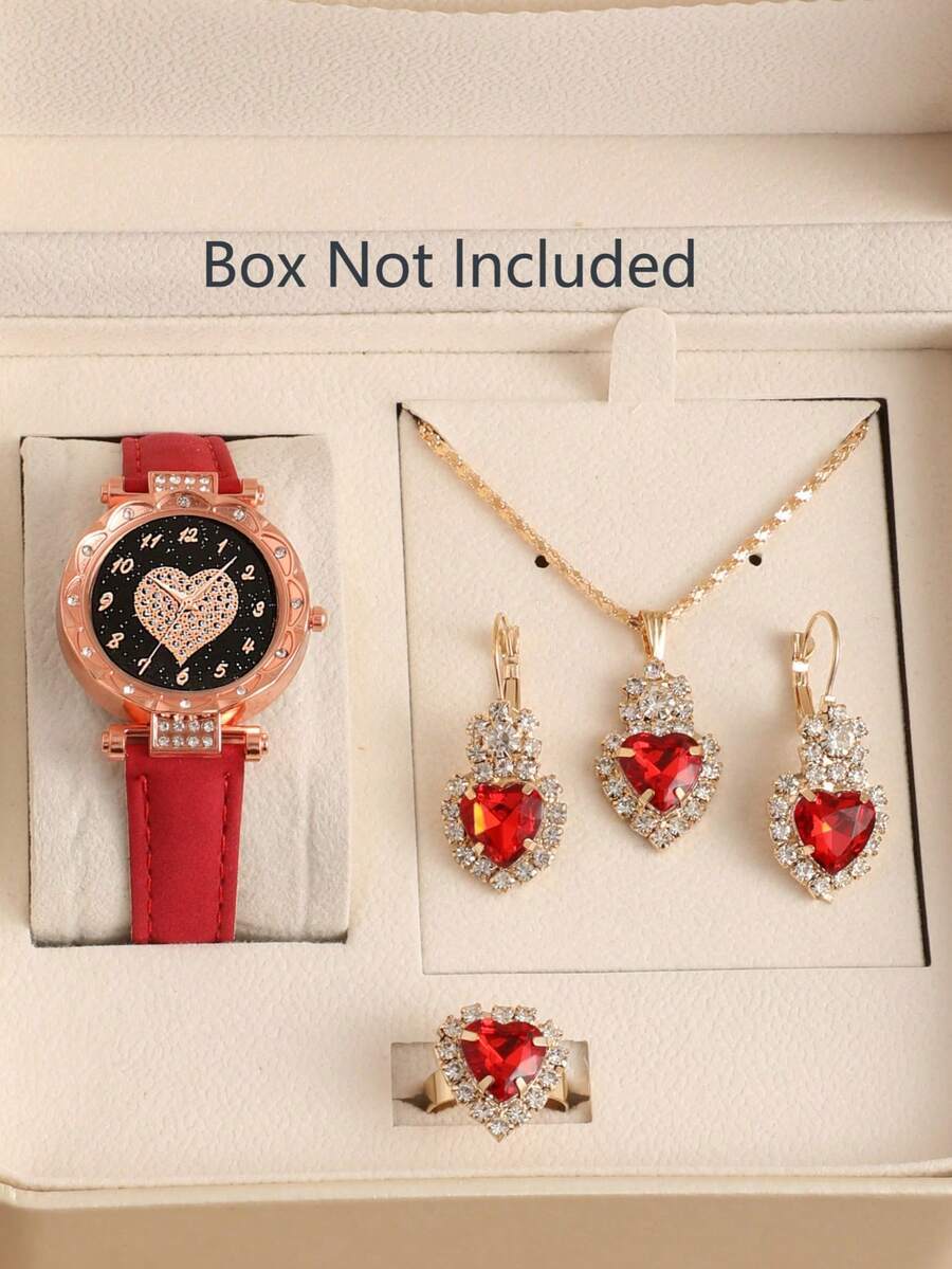 腕時計 レディース セット カップルレディースファッションカジュアル クォーツ腕時計5点セット、ハート型フルダイヤモンドダイヤル、拍卖