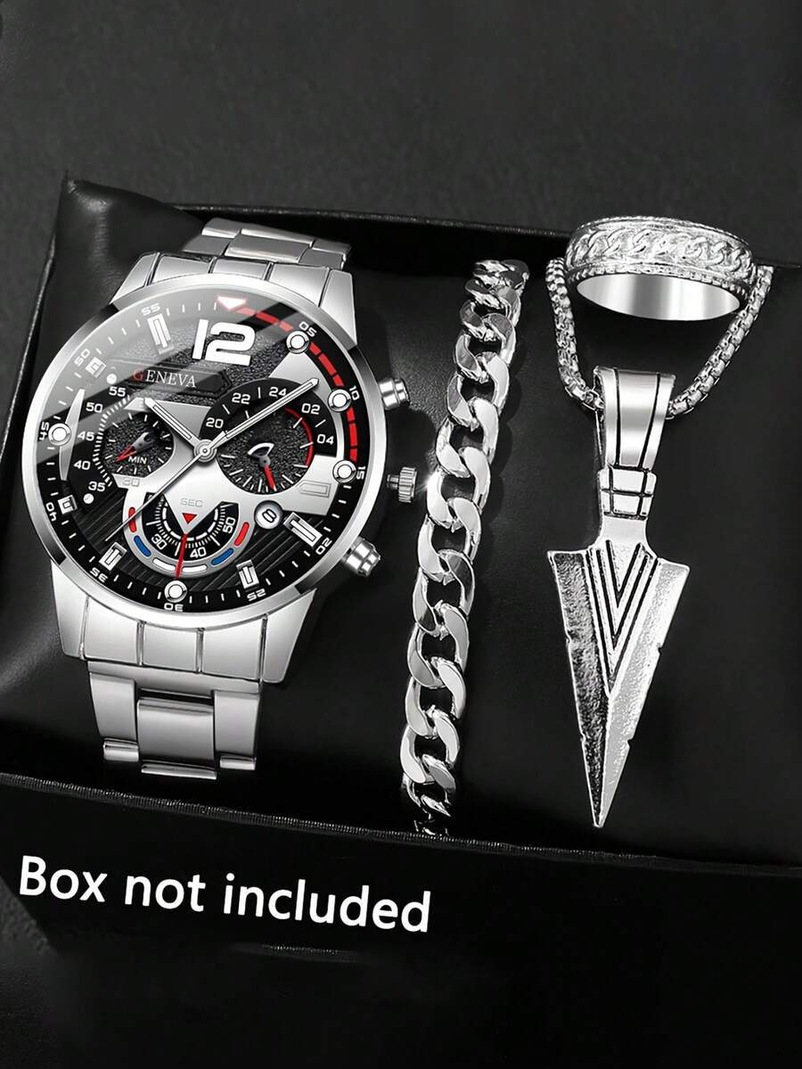 腕時計 メンズ セット 4点セット メンズクォーツ腕時計、ネックレス、ブレスレット、リング付き拍卖