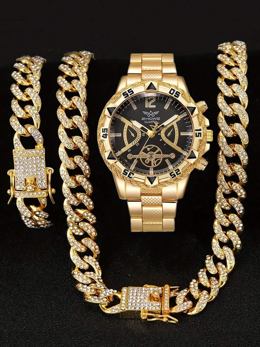 腕時計 メンズ セット 3点セット メンズビジネス クォーツ腕時計、ヒップホップネックレスとブレスレットセット、父の日、ハロウィン拍卖