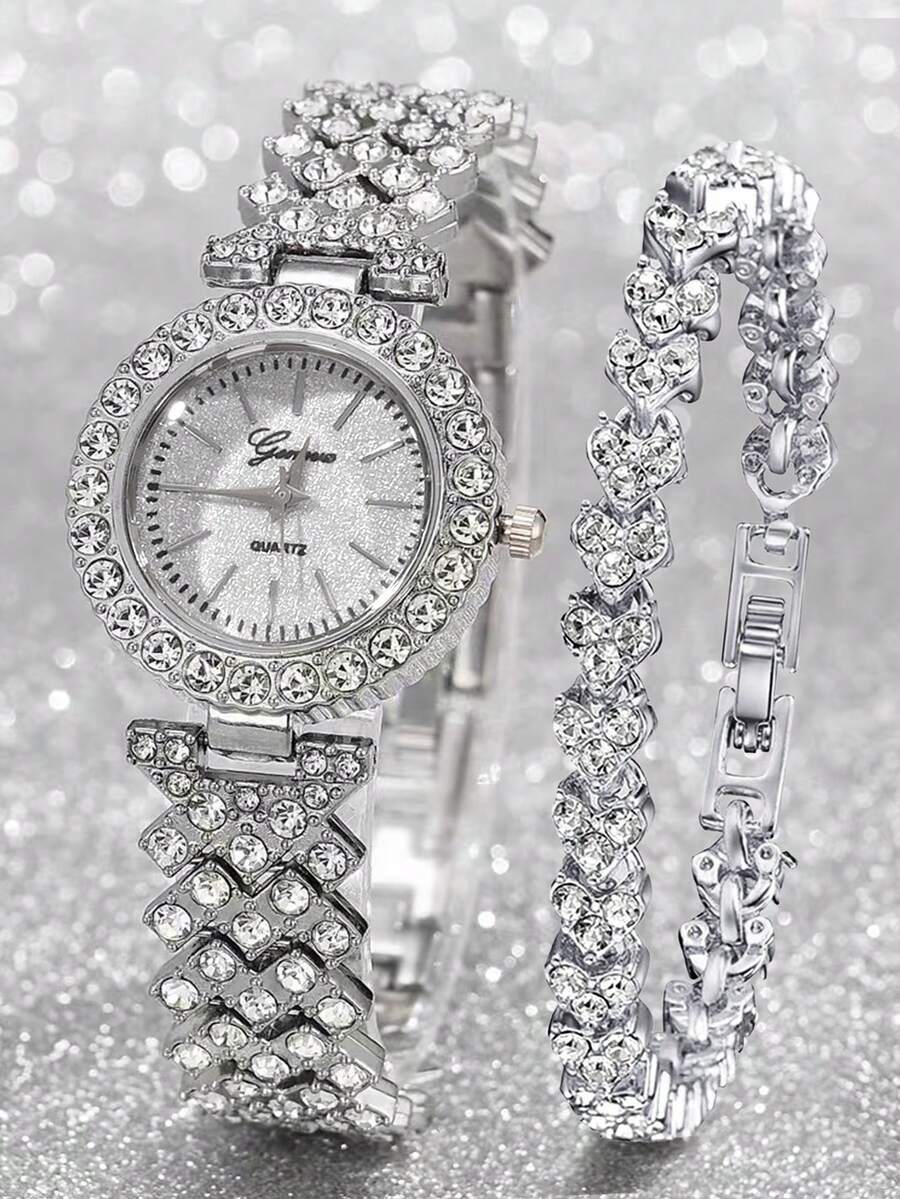腕時計 レディース セット 2個セット エレガントなラインストーン腕時計は、ファッショナブルで シンプルで贅沢な全面ラインストーン拍卖