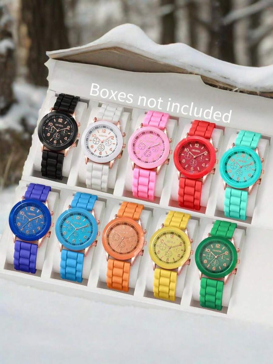 腕時計 レディース セット 10個セット レディース シリコン カラーダイヤル&数字スケール クォーツ腕時計 ミニマリスト&エレガ拍卖