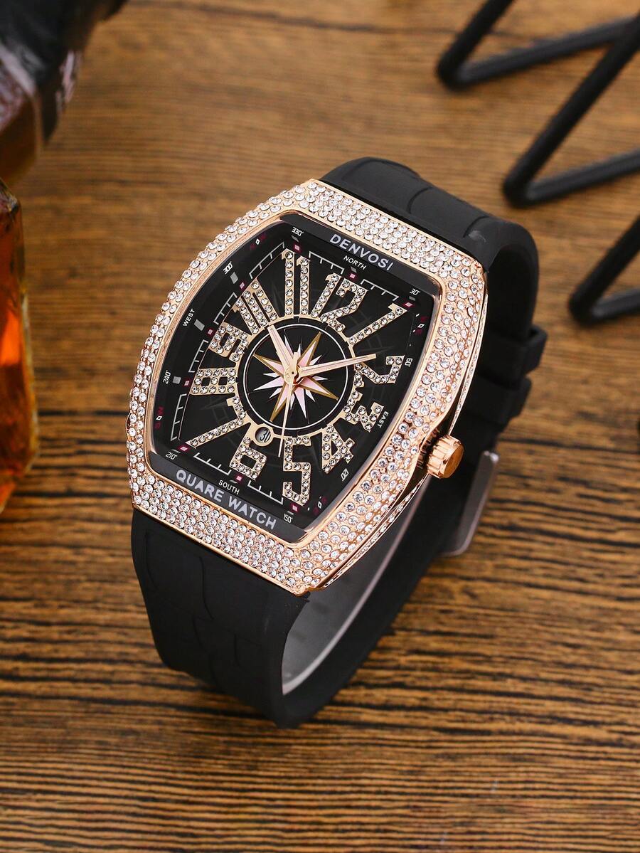 腕時計 メンズ クォーツ 1個 メンズ高級星空デザイン バレル型 シリコンストラップ付き腕時計拍卖