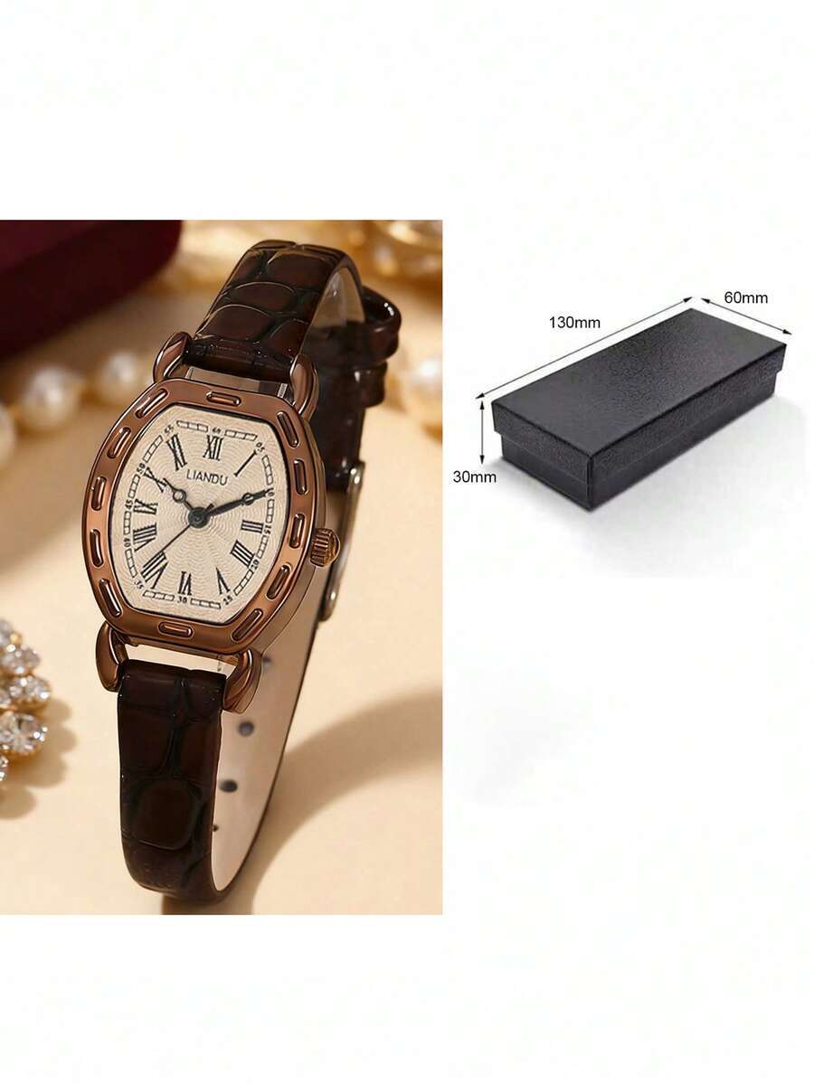 腕時計 レディース クォーツ 1個 ローマ数字文字盤の女性用ヴィンテージ腕時計、ブラウンレザーストラップ-軽量で上品な高級感、ギフ拍卖