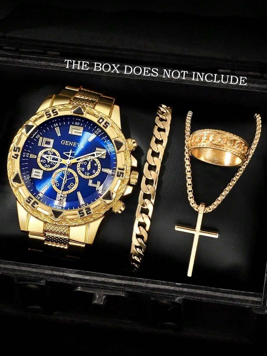 腕時計 メンズ セット ファッションビジネスレジャー メンズ腕時計 4点セット、大型ダイヤル ラウンド スチールバンド クォーツ腕拍卖