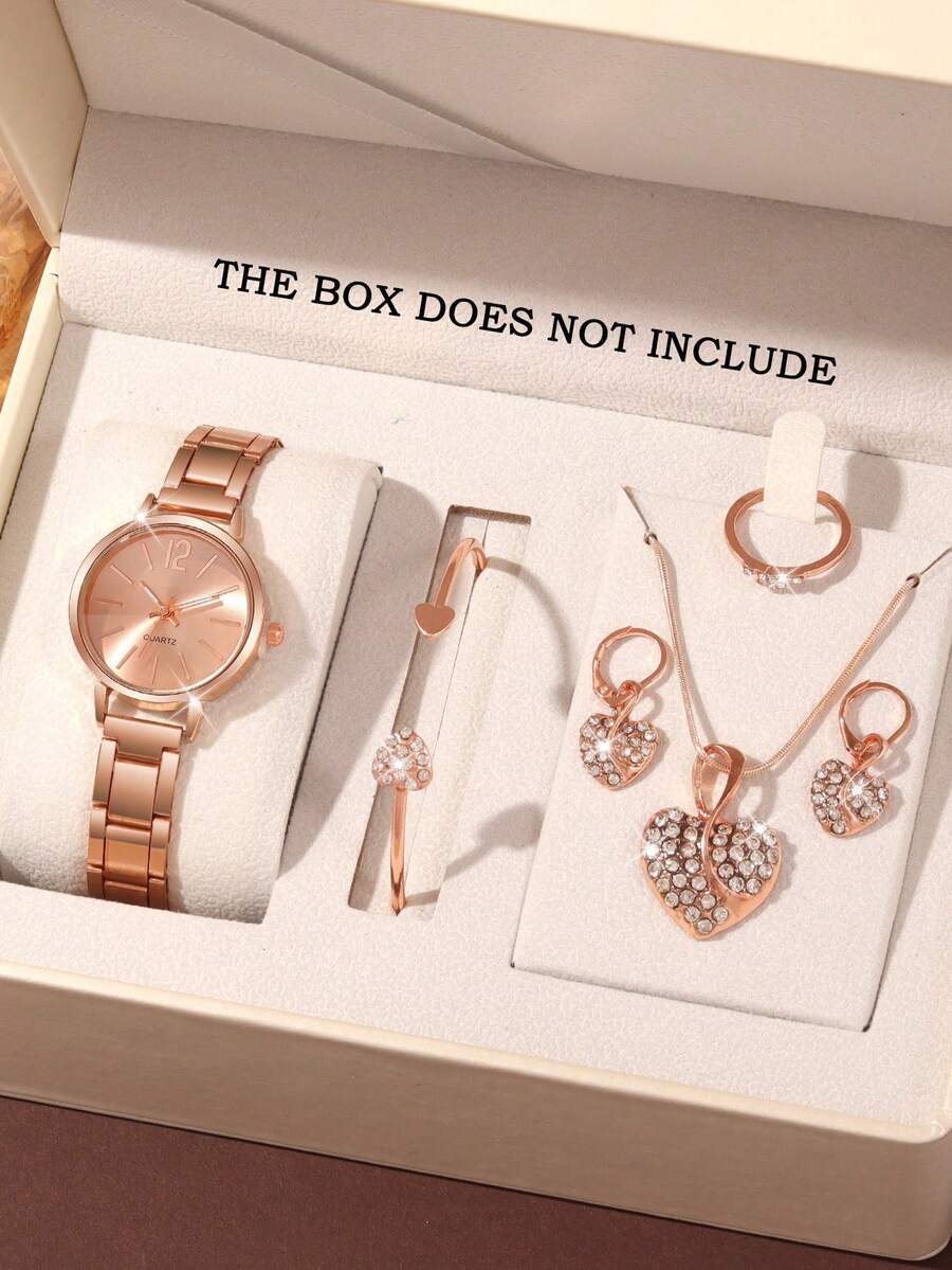 腕時計 レディース セット 6個セット 豪華なスタイルの女性用合金鋼ストリップクォーツ腕時計、ダイヤモンド装飾、ハート型ジュエリー拍卖