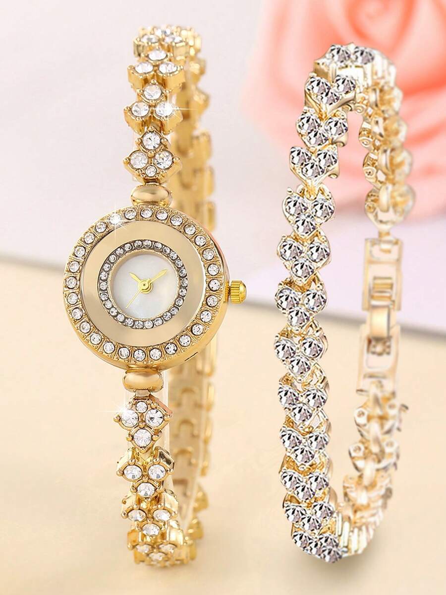 腕時計 レディース セット ダイヤモンド チェーン 円形ダイヤル クォーツ腕時計 & ブレスレット 2点セット、レディース ハイエ拍卖