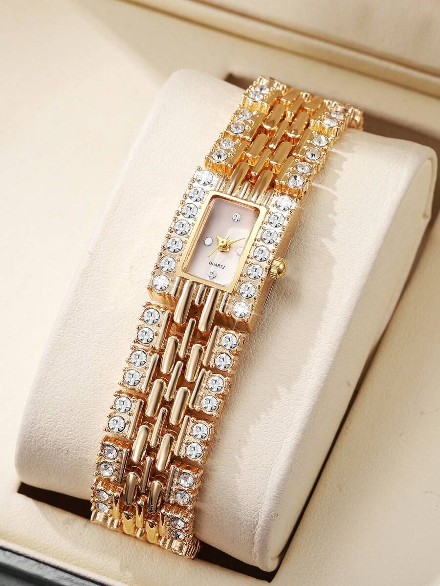 腕時計 レディース クォーツ 1個 レディースファッション スクエア クリスタル インレイ ダイヤル エレガントクォーツブレスレッ拍卖