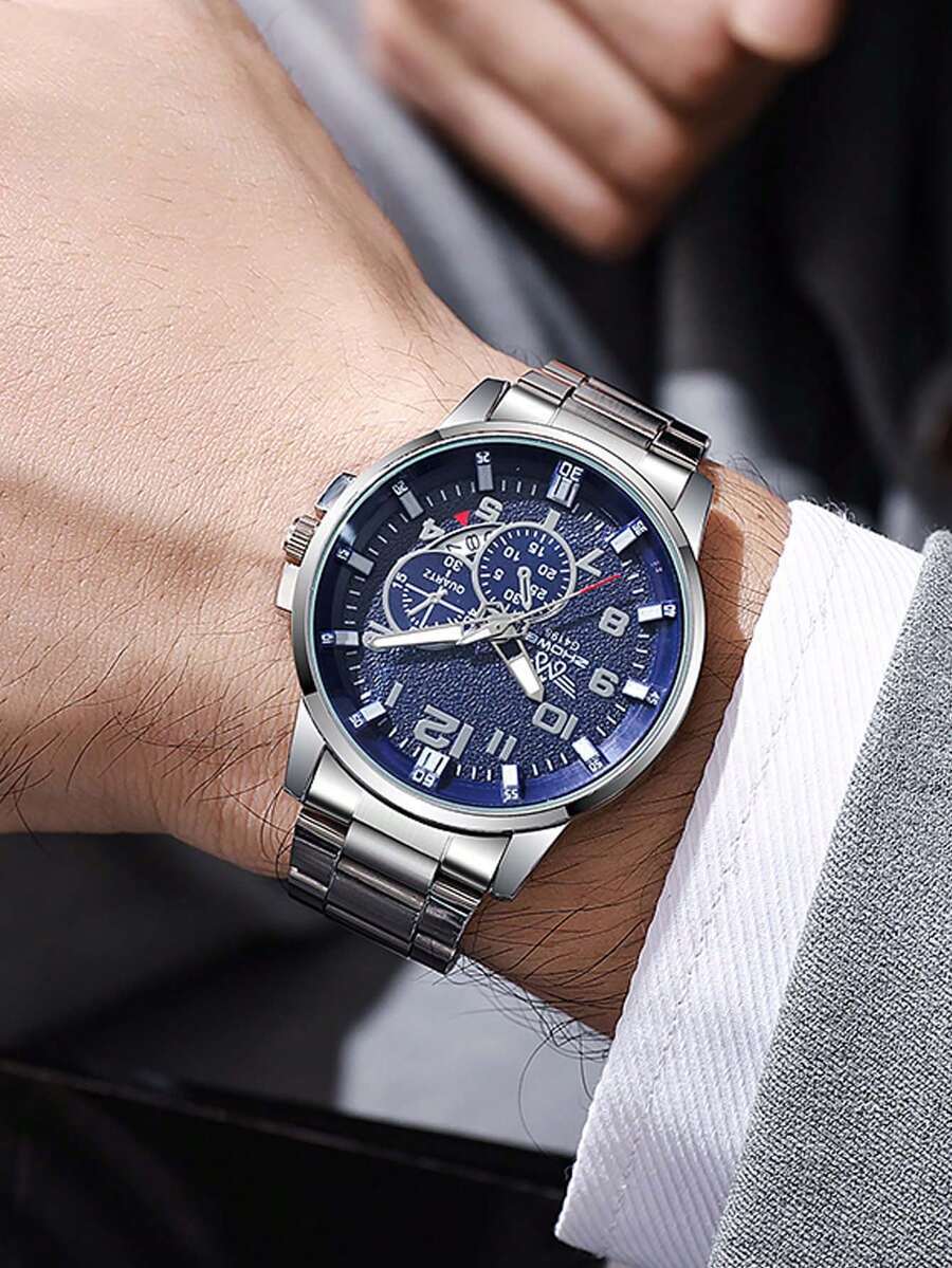 腕時計 メンズ クォーツ 1個 メンズファッション 3眼装飾ダイヤル クォーツ スチールバンド腕時計、デイリーコーディネートに適し拍卖