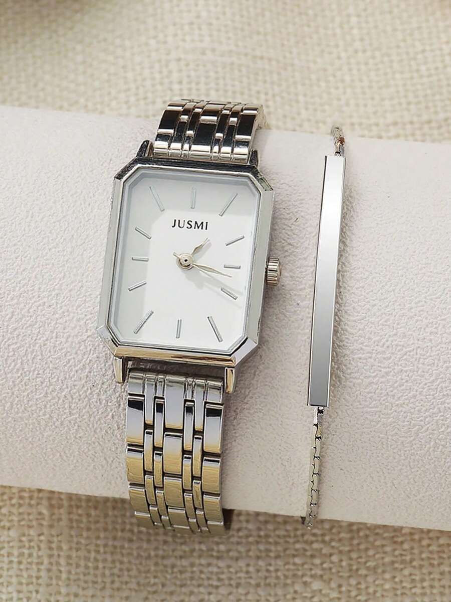 腕時計 レディース セット 2個セット 高品質バースケール 角型ダイヤル スチールバンド クォーツ腕時計 + ストレートチェーンブ拍卖