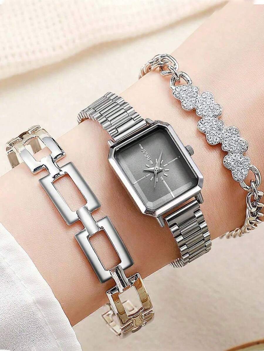 腕時計 レディース セット 3個セット 高級感ある ミニマリスト スクエアケース スチールバンド 腕時計、エレガントで軽量なラグジ拍卖