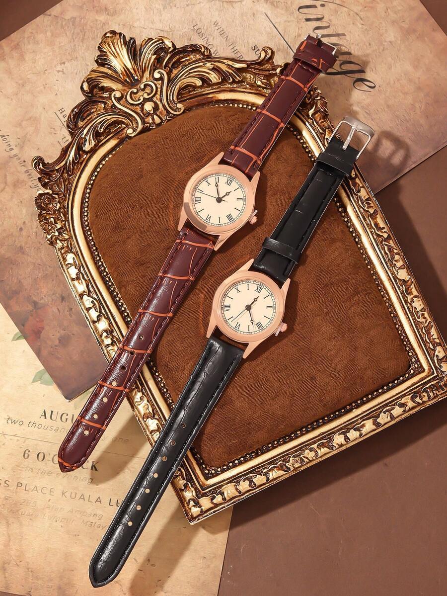 腕時計 レディース セット 2個 カジュアルでミニマリストな レディース腕時計、レディース クォーツ腕時計、ローマ数字インデックス拍卖