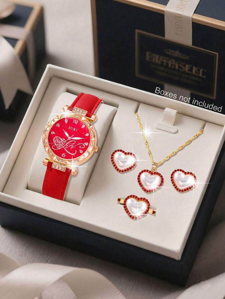 腕時計 レディース セット 1セット ゴージャスでファッショナブルなレッドハート型ラインストーンペンダントネックレス、イヤリング、拍卖