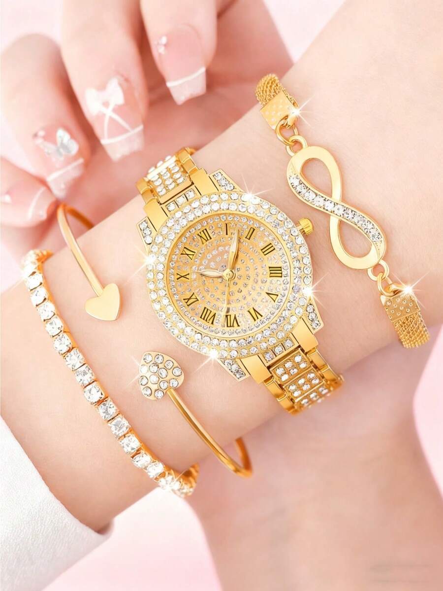 腕時計 レディース セット 4個セット レディース シルバー ステンレススチール バンド ファッション レジャー クラシック アラ拍卖