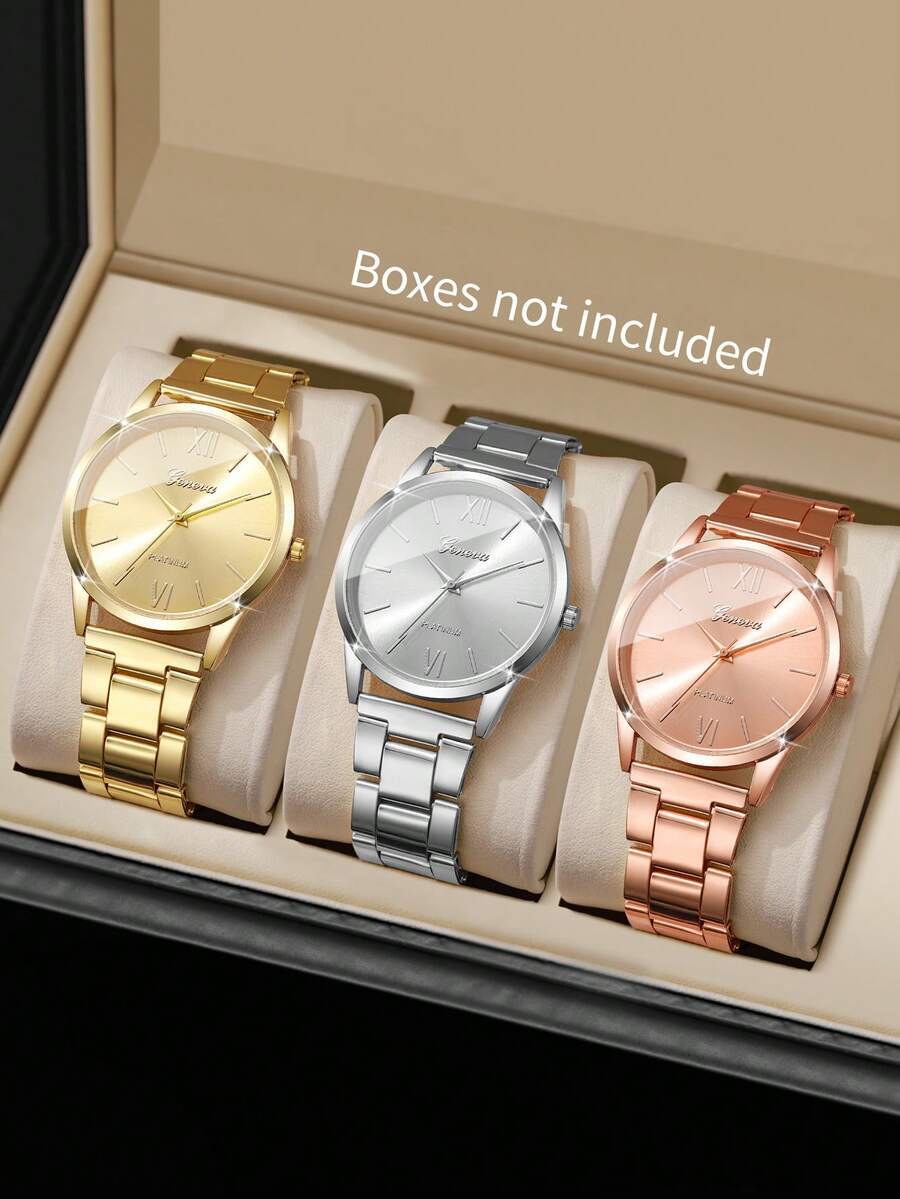 腕時計 レディース セット ステンレスバンド、ファッションカジュアルローマ数字ダイヤル、エレガントな石英腕時計 3個セット レディ拍卖