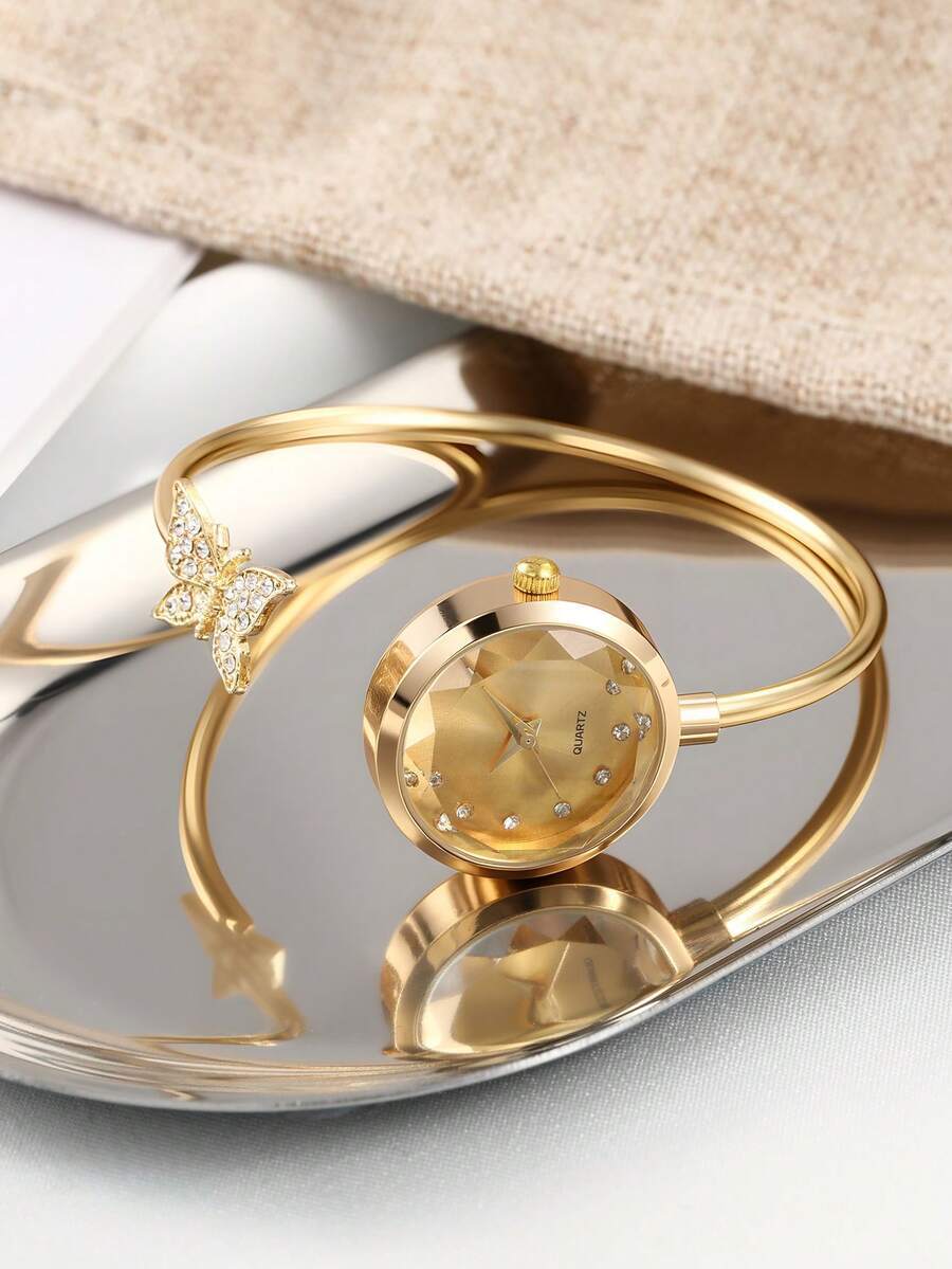 腕時計 レディース クォーツ 女性用繊細なブレスレット付き腕時計、ラインストーンのバタフライ、ダイヤモンドカットのガラスクリスタル拍卖