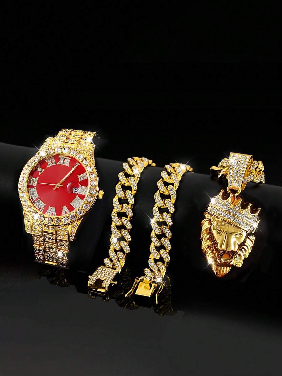 腕時計 メンズ セット 2点セット:カレンダー付きメンズビジネスウォッチ&キュービックジルコニア + ヒップホップキューバンチェー拍卖