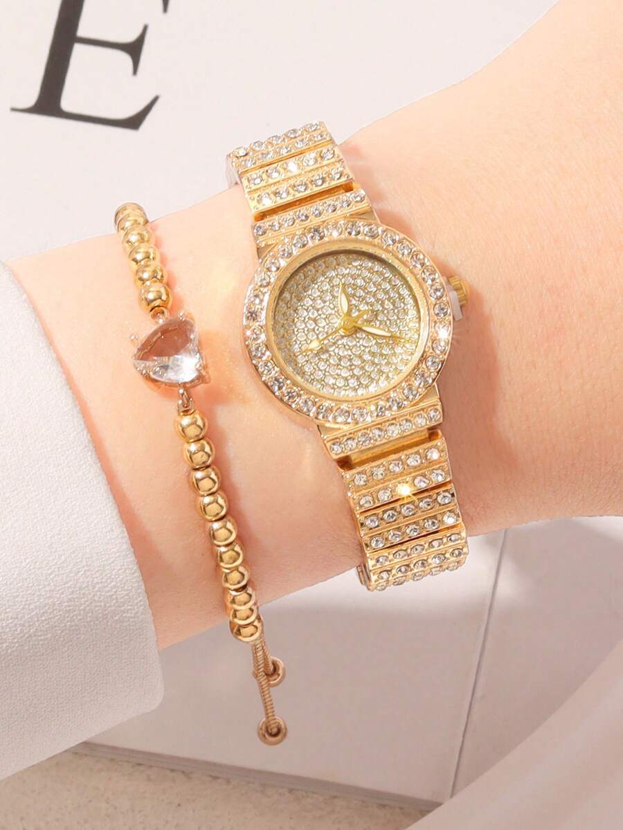 腕時計 レディース セット ダイヤモンド装飾 3針 レディース クォーツ腕時計 2個セット、シンプル丸型ダイヤル、スチールバンド、拍卖