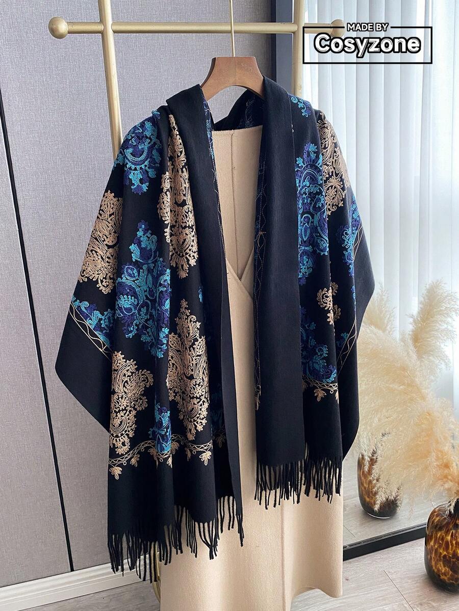 アクセサリー レディース スカーフ 1個 女性用秋冬フェイクカシミヤ刺繍スカーフ、厚手で暖かい タッセル付き刺繍ボヘミアンスタイル拍卖