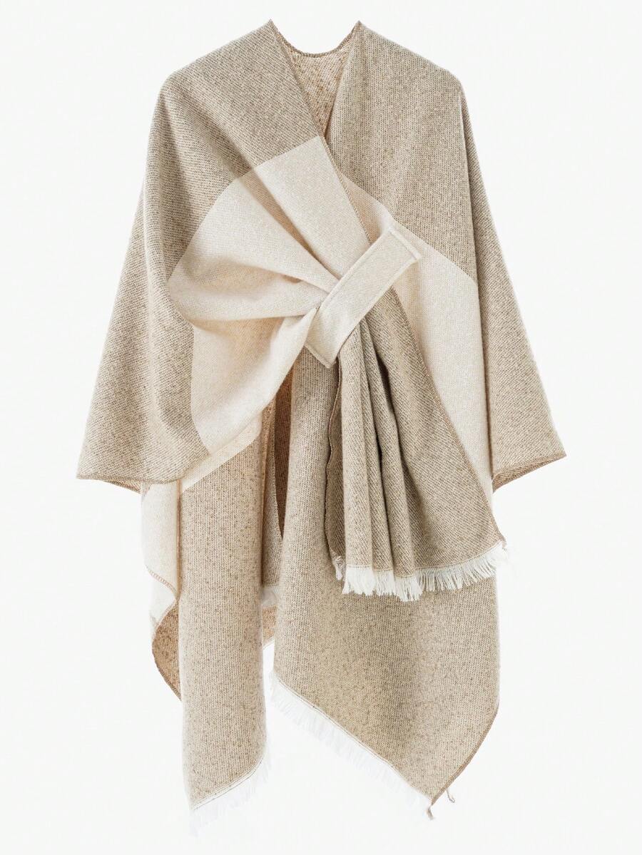 アクセサリー レディース スカーフ 1個 女性用シンプルな無地コントラストトリム バックル装飾ショール ポンチョ拍卖