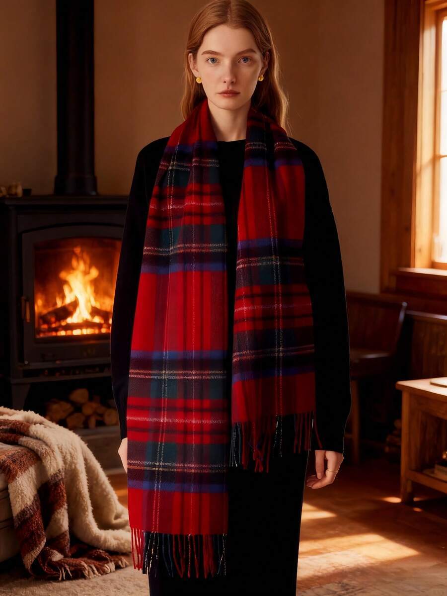 アクセサリー レディース スカーフ 1個 ユニセックス ヴィンテージ クリスマス レッドチェック タッセルマフラー、秋冬の暖かいア拍卖