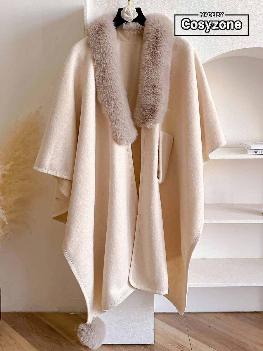 アクセサリー レディース スカーフ 1個 エレガントな無地フェイクウサギファー襟付きニットケープポンチョ レディース用、ファッショ拍卖