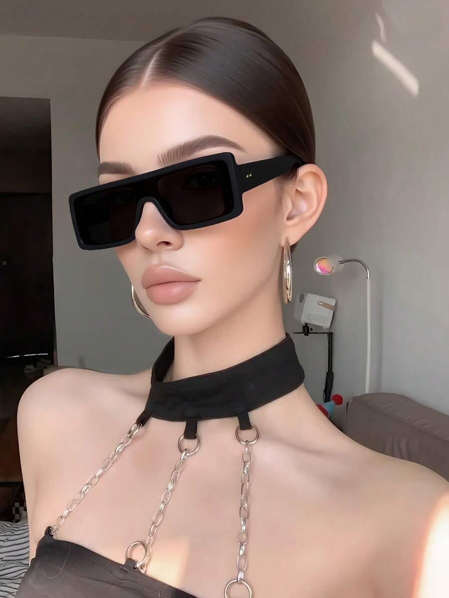 アクセサリー レディース アイアクセサリー ワンピースレンズ サングラス ストリートスタイル 長方形 ユニセックス Y2Kブラック拍卖