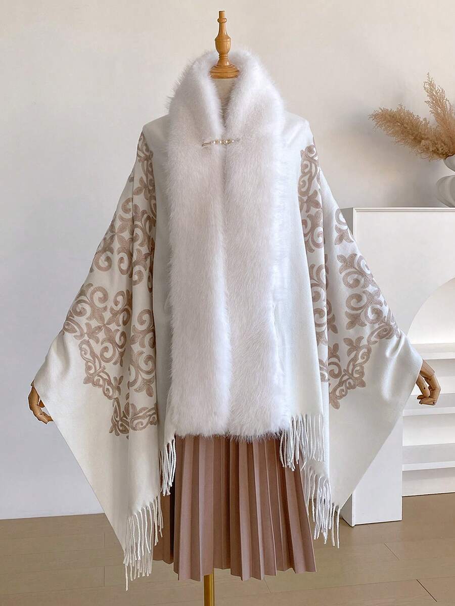 アクセサリー レディース スカーフ 1個 エレガントな刺繍とフェイクファーの襟付きショール、スクロールパターンデザイン、ふわふわの拍卖