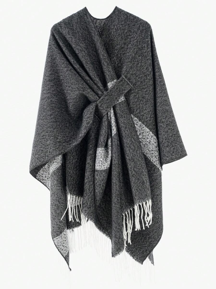 アクセサリー レディース スカーフ 1個 女性用シンプルな無地コントラストトリム バックル装飾ショール ポンチョジャケット拍卖