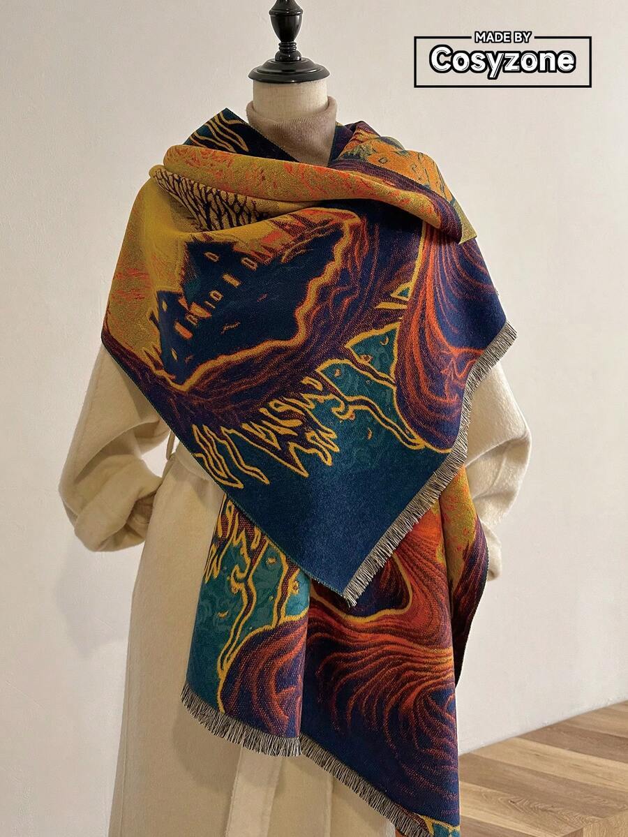 アクセサリー レディース スカーフ 1枚 女性用 ビンテージ絵画 柄 ジャカード編み ストール、厚手 & 暖かい、秋冬の日常着用に拍卖