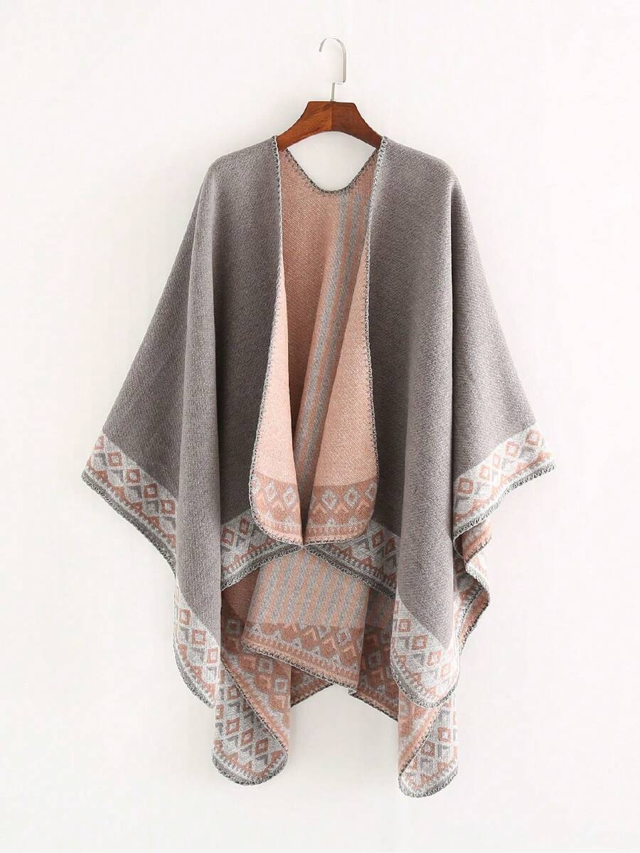 アクセサリー レディース スカーフ 1個 レディース ファッショナブルなグレーストライプカラーブロックポンチョ、秋冬のお出かけに暖拍卖