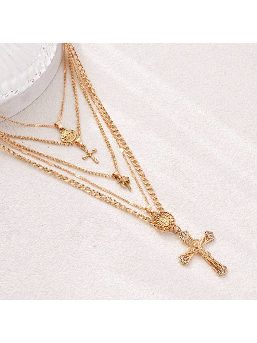 ジュエリー レディース ネックレス セット 5個セット ヴィンテージ ジンクアロイ ゴールドカラー クロス、蓮、ヤシの木、聖母マリ拍卖