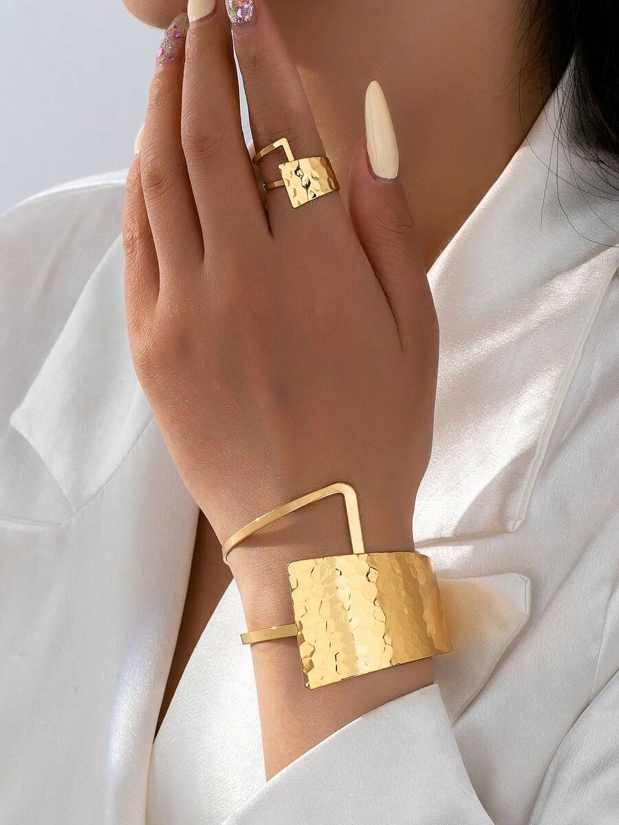 ジュエリー レディース セット 1セット ゴールドカラー 幾何学模様 ビッグカフバングル リングセット、アメリカ・ヨーロッパ 人気拍卖