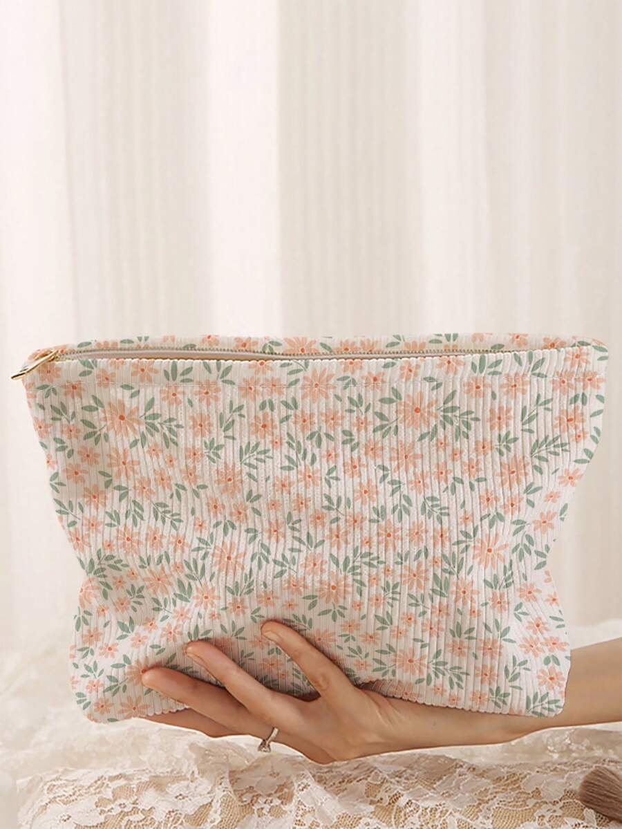 バッグ レディース クラッチバッグ 植物柄 コーデュロイ メイクアップバッグ、軽量 ジッパー式 化粧品収納バッグ、スウィートスタイ拍卖