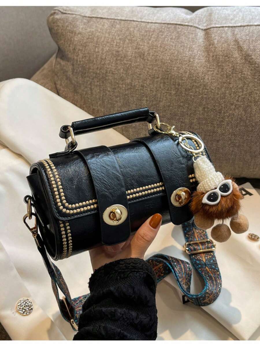 バッグ レディース ハンドルバッグ 1個 レトロラウンド ハンドバッグ レディース デイリーユース (ファー装飾付き)拍卖