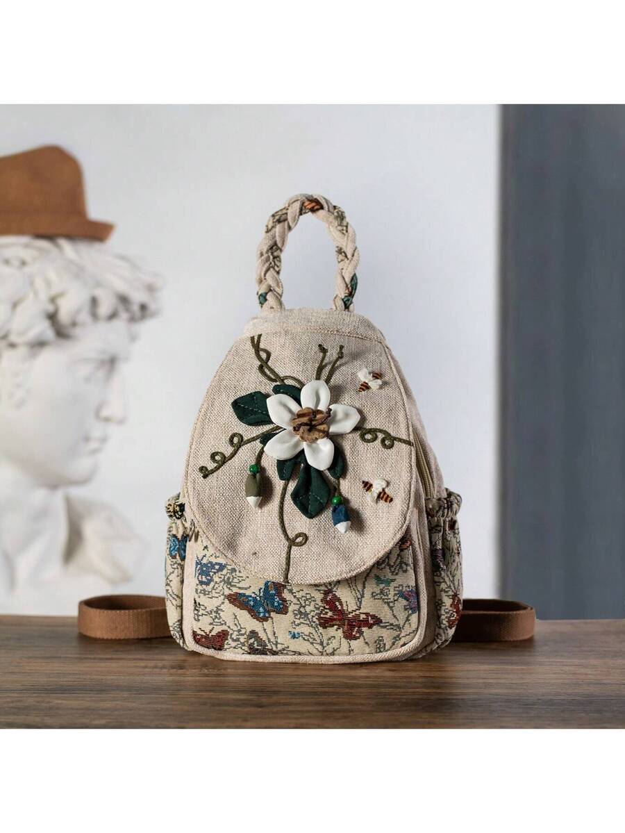バッグ レディース バックパック 1個 ボヘミアン 手作り フローラル ダブルショルダーバックパック、爽やかでシンプルな蜂 多ポケ拍卖