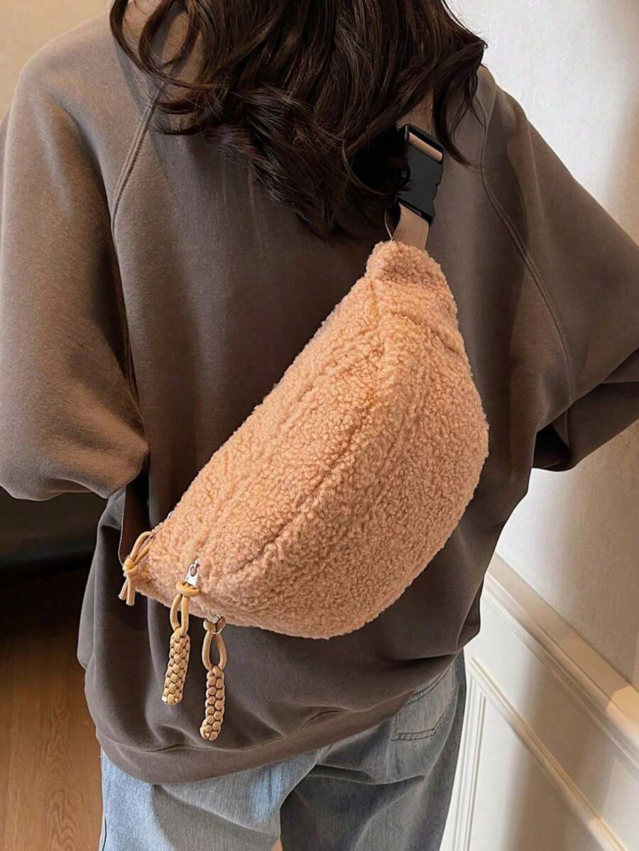 バッグ レディース ウエストバッグ 1個 レディース 無地シェルパニット ジップクロスボディチェストバッグ、ソフトで軽量なカジュア拍卖