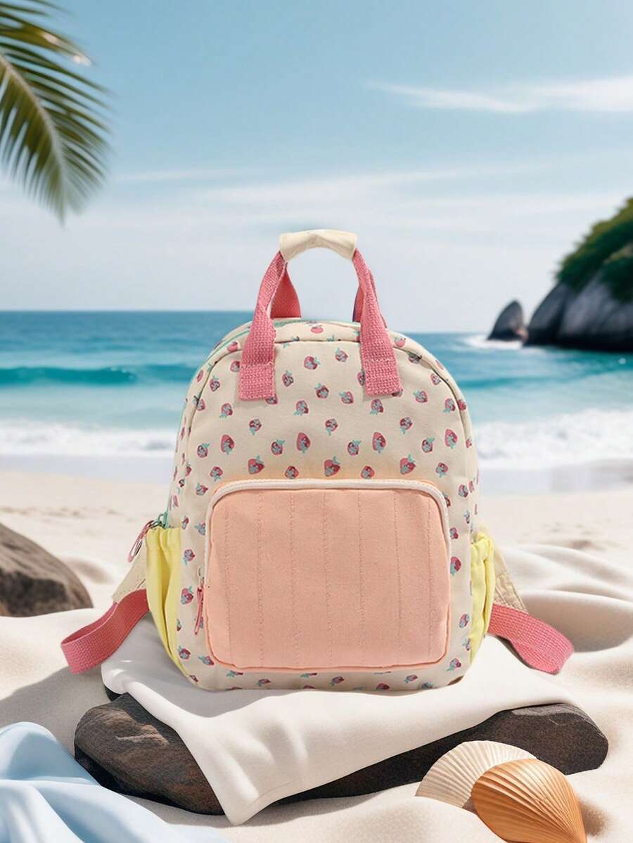 バッグ レディース バックパック ミニコントラストカラーバックパック1個、ストロベリープリントキャンバスレディースバックパック、ド拍卖