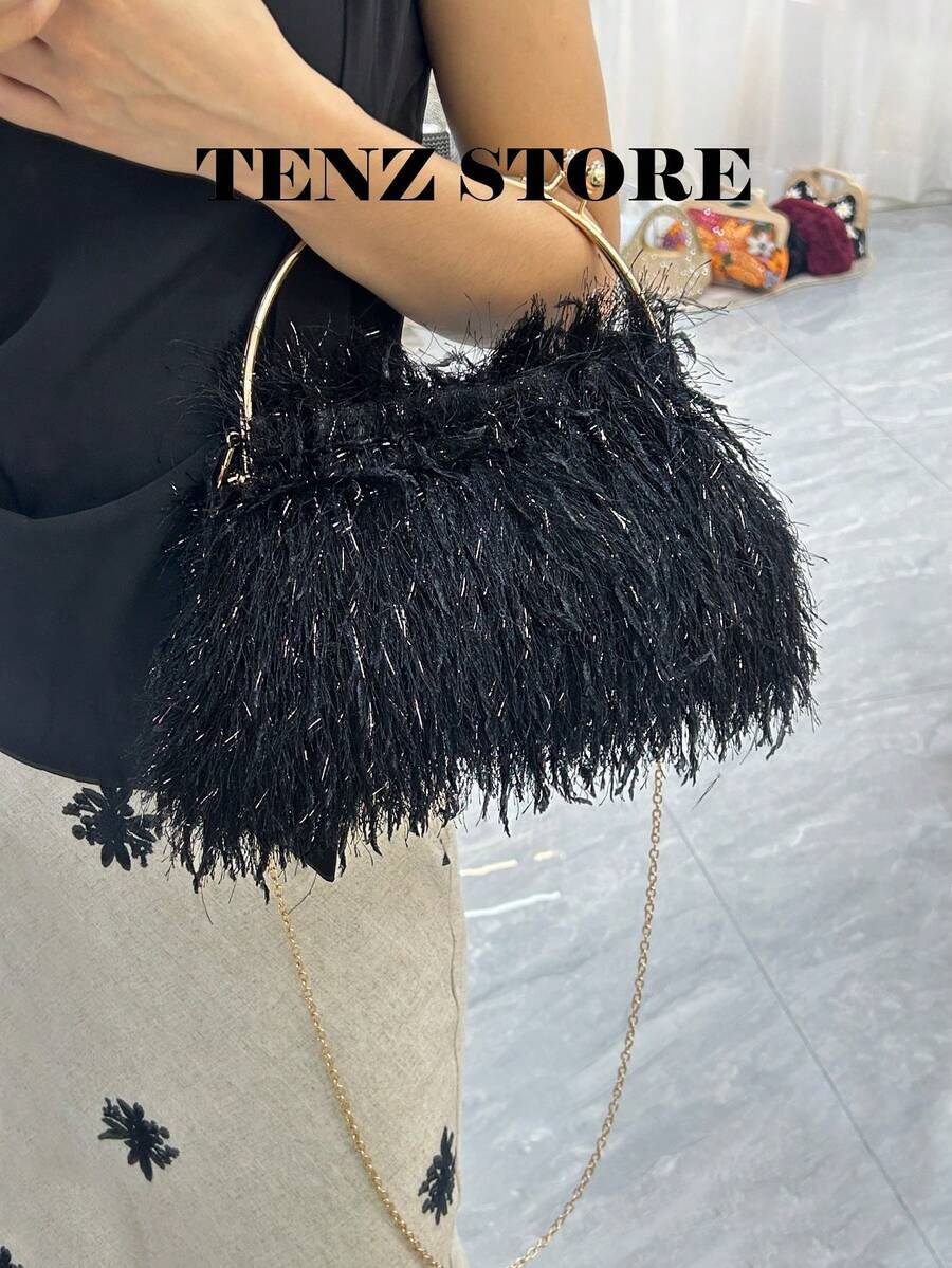 バッグ レディース ドレスバッグ 女性用エレガントな大容量ブラックファーイブニングクラッチパーティーバッグ - スタイリッシュなフ拍卖