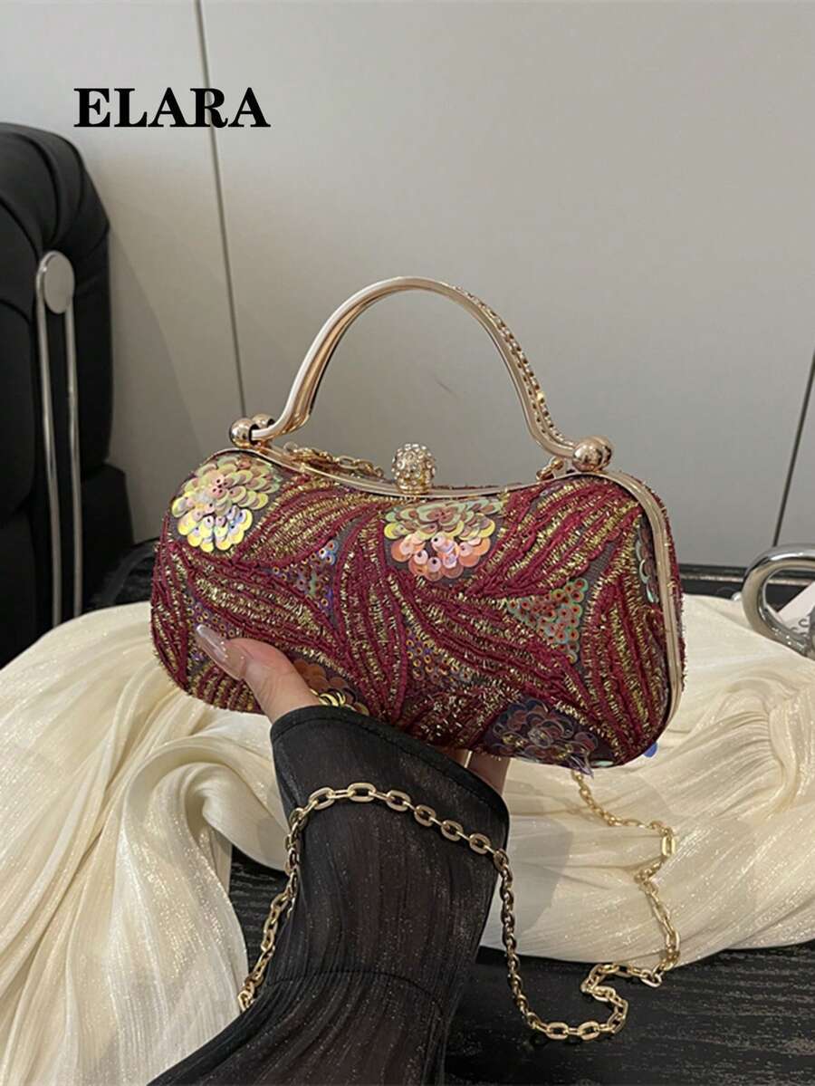 バッグ レディース ドレスバッグ フローラルパターン スパンコールパッチワーク クラッチバッグ、エレガントなハードウェア ソシアラ拍卖