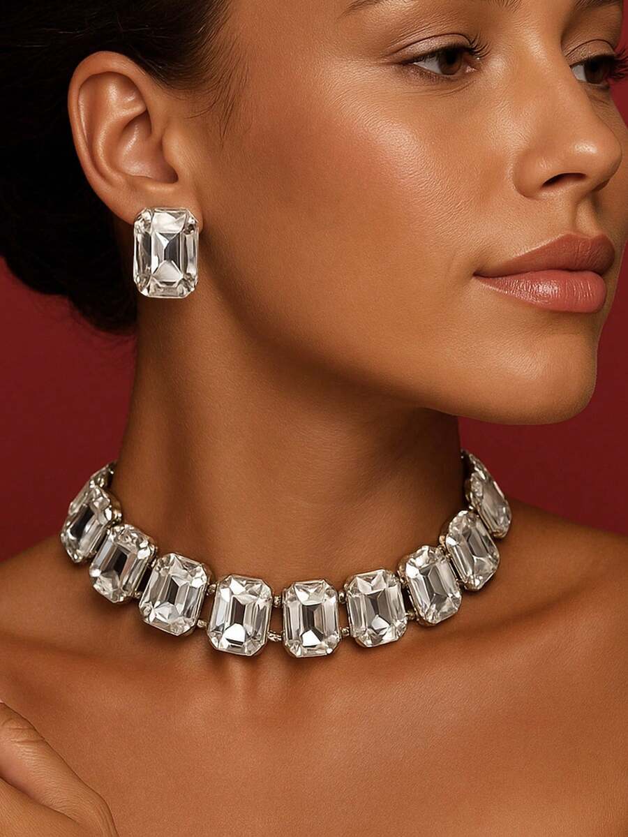 ジュエリー レディース セット 女性用高級クリスタルジュエリーセット、シルバーラインストーンチョーカーネックレスとピアス、輝くステ拍卖