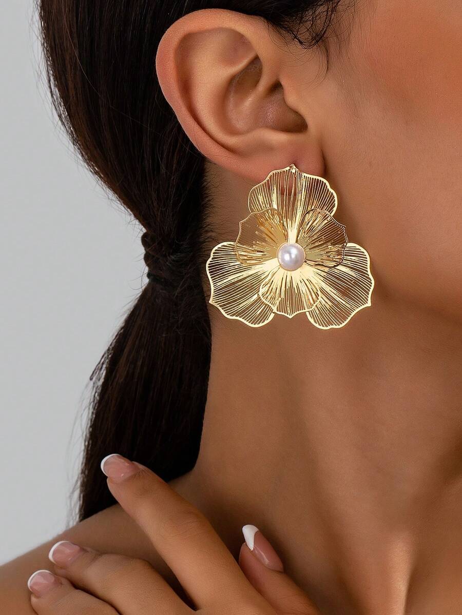 ジュエリー レディース イヤーアクセサリー 1ペア ヴィンテージ エレガントな金属調ゴールド テクスチャー フローラルペンダントピ拍卖