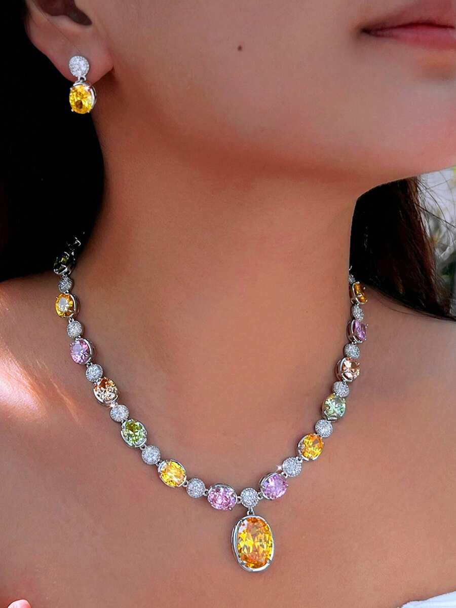 ジュエリー レディース セット 1セット マルチカラー キュービックジルコニア ビッグラウンド オーバル ゴージャス ウェディング拍卖