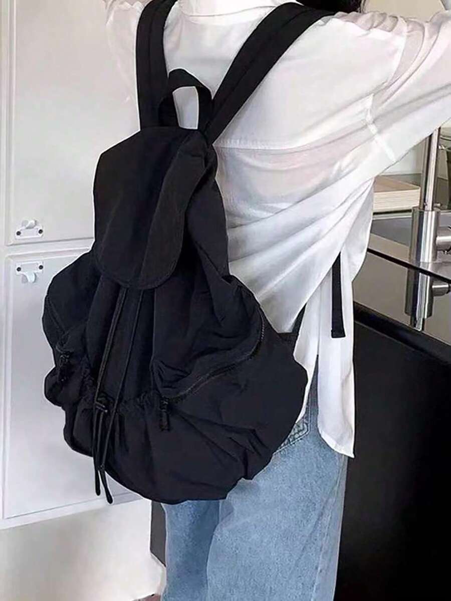 バッグ レディース バックパック 2025年新作 大容量 巾着 プリーツ カジュアルバックパック、実用的な学生用ブックバッグ(レデ拍卖