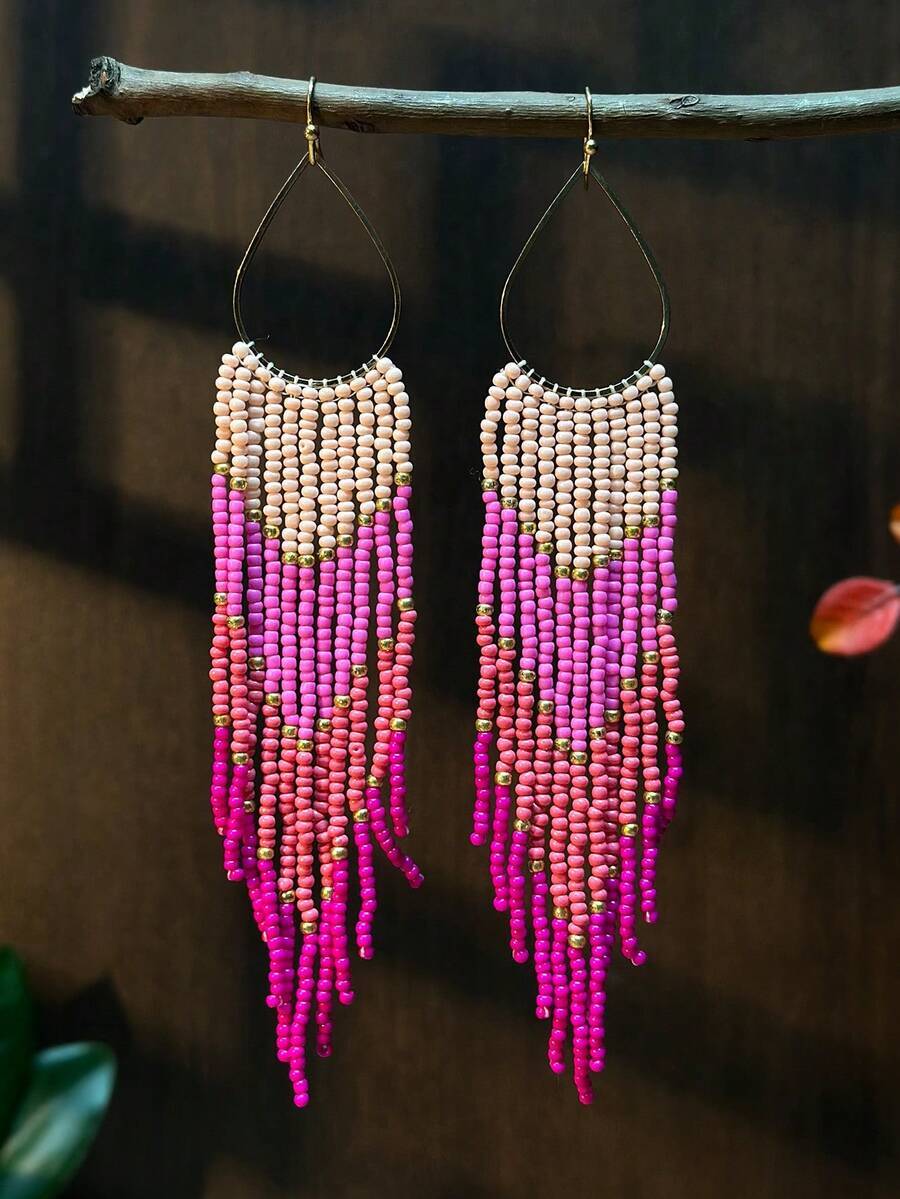 ジュエリー レディース イヤーアクセサリー 手作りジオメトリックメタルフープシードビーズタッセルピアス、ボヘミアンガラスビーズ ピ拍卖